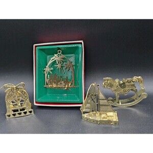 4 Kurt Adler Santa's World Dipped Gold Christmas Ornament 2D Horse Sailboat Bell